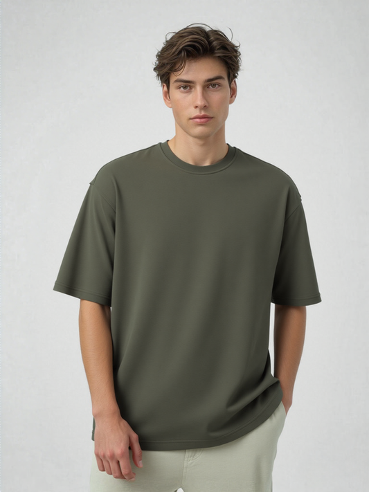 French Terry Cotton Oversize Fit T-shirt - Olive Green Strudoo